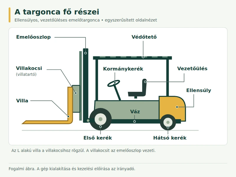 A targonca fő részeit megnevező, feliratozott tanulóábra.